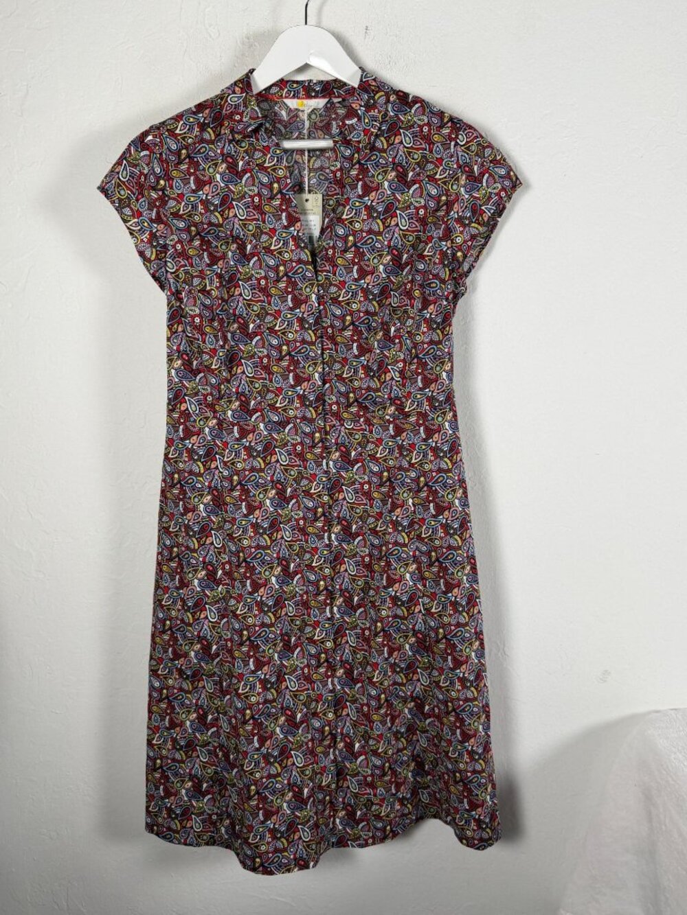 Boden Womens Size 12R Red Paisley Short Sleeve Belted Shirt Dress Stretch New